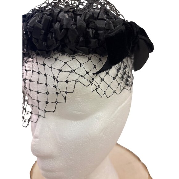 1940s Black Veiled Tilt Hat Velvet Bow Old Hollywood Cocktail Netted main image 12